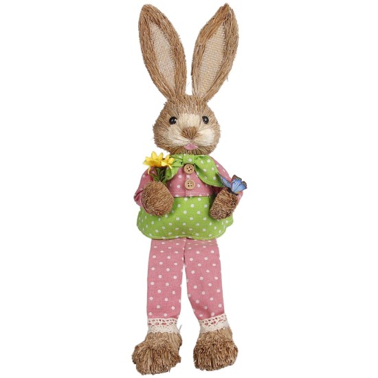 Λαγός Όρθιος Ψάθινος ροζ Πουά Παντελόνι Κρατάει Λουλούδια 44x13x11cm Bunny's 932304