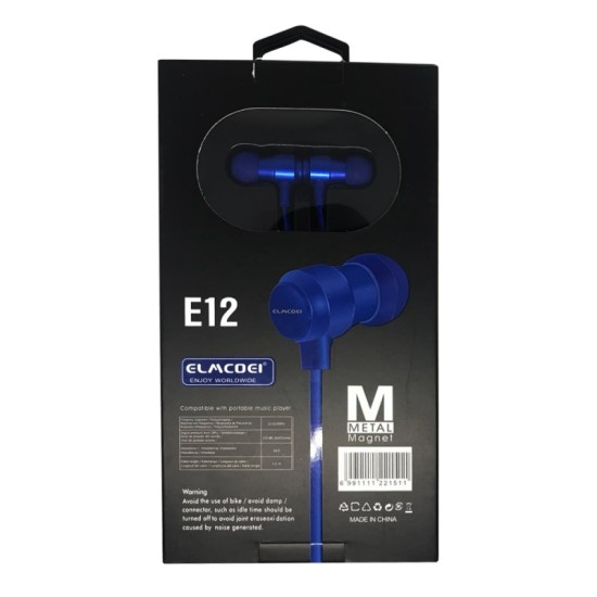 Hands-Free Μαγνητικά Ακουστικά Elmcoei E12 In-ear Metal Magnet Earphone Μπλε