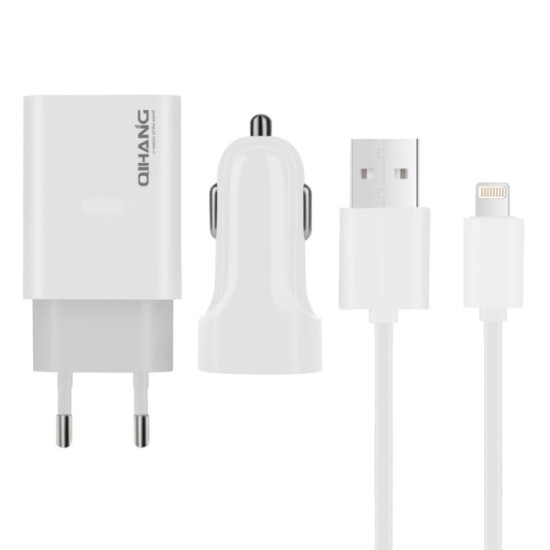 3 σε 1 Travel Charger Set Φορτιστής USB, Φορτιστής αυτοκινήτου με καλώδιο Lightning 1m - QIHANG QH-Z14