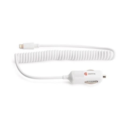 GRIFFIN USB CAR CHARGER 2.1A WITH IPHONE SPIRAL CABLE 1M AND USB PORT WHITE (GRIFFIN)