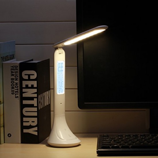 LED Desk Lamp, AVAWAY USB Rechargeable Table Lamp, Foldable Reading Lamp with LCD Display Calendar - Time/Temperature/Alarm Clock, 3 Levels Brightness
