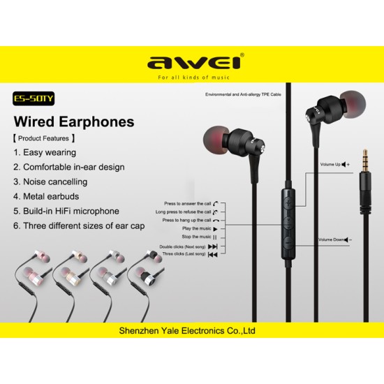 AWEI ES-50TY Sport Hands-Free in Ear Earphones AWEI ES-50TY Sport Hands-Free in Ear Earphones