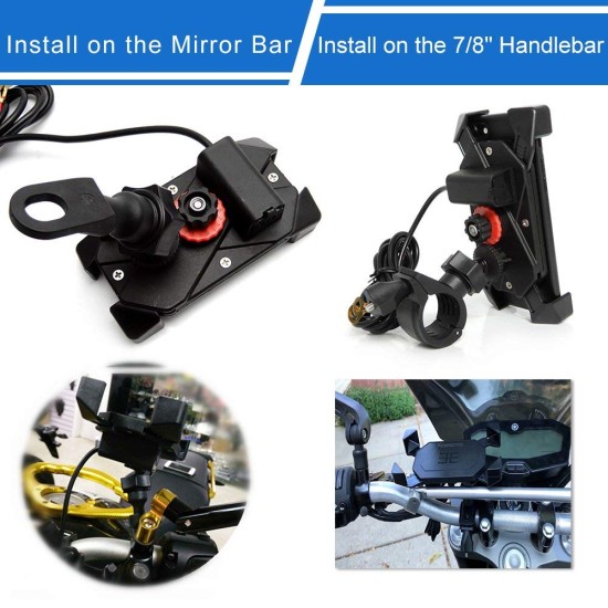 Motorcycle Phone Mount Holder with USB Charger Port Universal